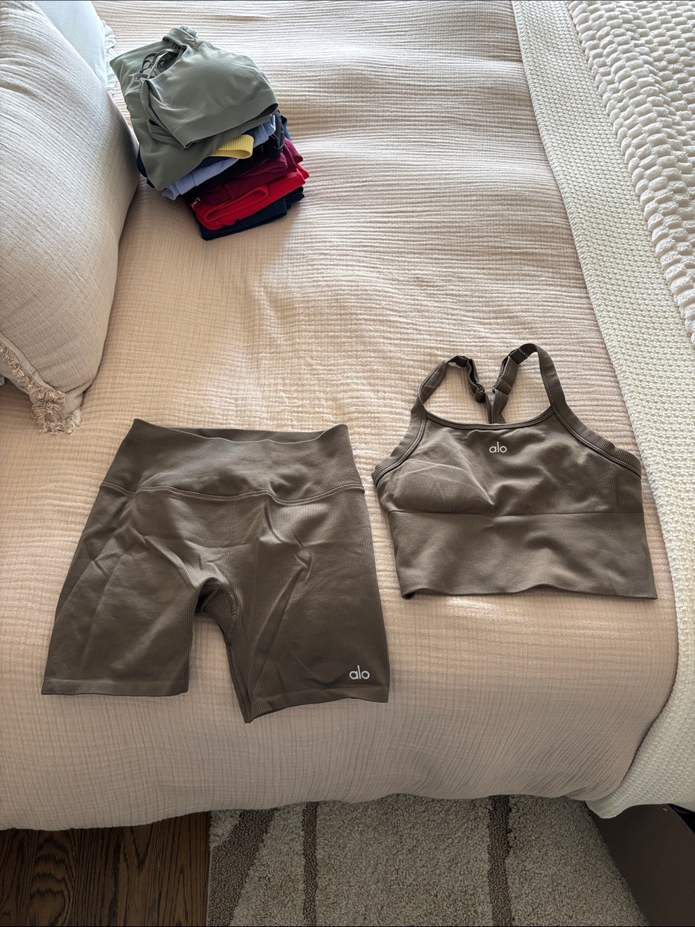 ALO Yoga Olive Seamless Tank Sports Bra and Biker Shorts Set